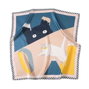 Carré de soie chic avec motif chat de dessin animé et blocs de couleurs géométriques