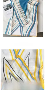 Close-up of geometric striped silk scarf texture and fine hem stitching details