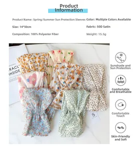 Detailed size chart for floral chiffon sun protection sleeves showing 14x50cm dimensions