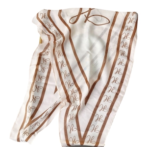 Elegant white silk scarf with brown border and H-letter pattern for spring and summer fashion