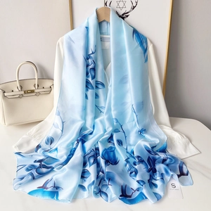 Elegant Magnolia Floral Print Satin Scarf For Women Lightweight Polyester Shawl Fashion Decorative Sun Protection Beach Wrap Accessory