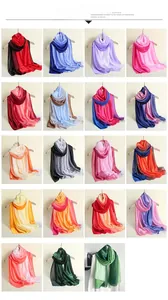 Detailed color chart of gradient satin scarves featuring 19 vibrant shades on hangers