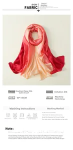 Detail of gradient satin scarf in red to pink with smooth silk texture and machine hem