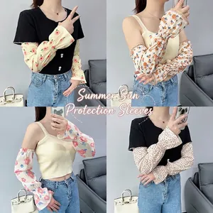Floral Chiffon Sun Protection Arm Sleeves Elastic Ruffle Breathable Cooling Cover For Outdoor Driving Women Fashion Accessory