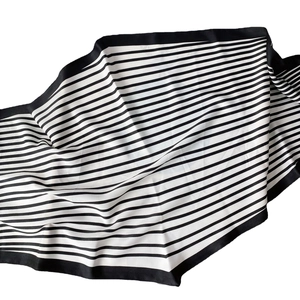 Navy style striped silk-like scarf with black border on a clean white background