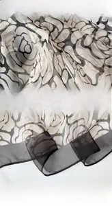Detail of high-density overlock stitching on thin floral silk-feel scarf fabric