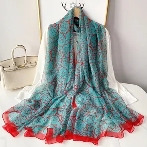 Women Elegant Faux Satin Scarf Large Rose Floral Print Sun Protection Scarf Beach Wrap Shawl Long Chiffon Neck Scarf