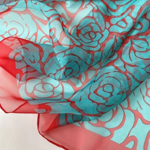 Lightweight camellia flower silk scarf with red and blue floral patterns for beach sunshade