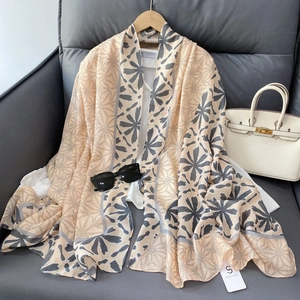 Elegant floral print long shawl scarf for women in beige and grey color palette