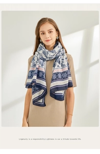 Detail of bohemian scarf with blue and pink geometric patterns on lightweight fabric