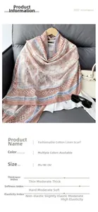 Detail view of ethnic print cotton linen scarf with soft texture and 85x180cm dimensions