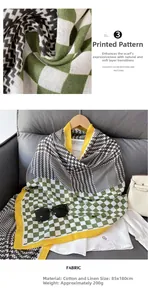 Detailed texture of cotton linen scarf with green checkered and houndstooth pattern