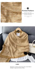 Close-up of brown houndstooth cotton linen scarf showing 85x180cm size details