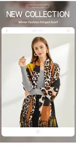 Detail of winter leopard print scarf with soft knit texture and fringe tassel finish