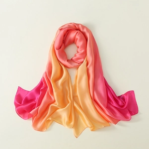 Elegant gradient satin silk scarf transition from magenta to warm yellow for women