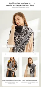 Detail of premium cashmere-like leopard print scarf worn as a stylish long shawl wrap