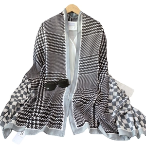 Long houndstooth cotton linen scarf in black and white for summer sun protection