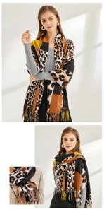 Macro detail of the leopard print pattern and fine tassel edges of this stylish scarf