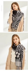 Detail of leopard print scarf with fringe edges and soft cashmere-like texture fabric