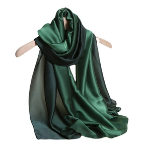 Elegant gradient dark green silk satin long scarf for women on wooden hanger
