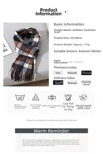 Detail view of plaid scarf dimensions 35x200cm and 175g soft cashmere feel fabric