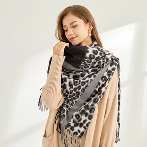 Leopard Print Color Block Scarf For Women Winter Warm Imitation Cashmere Pashmina Shawl Soft Tassel Long Wrap Accessory