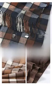 Detailed macro view of plaid scarf fabric texture with cashmere fibers and soft fringes