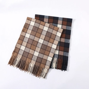 Classic plaid checkered winter scarf with tassels in brown and navy earth tones