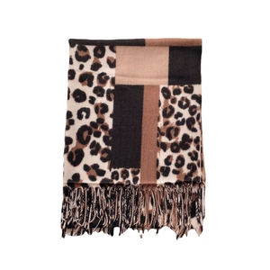 Leopard print and geometric patchwork scarf with fringe, soft faux cashmere wrap for women