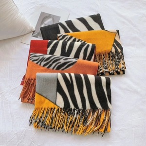 Fashionable zebra print cashmere-feel scarf with thick geometric patchwork and tassels