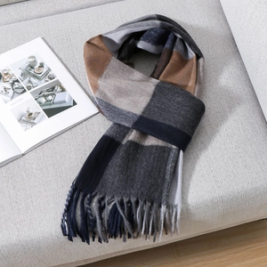 Classic plaid knit scarf for men in navy and earth tones with fringe detail for winter