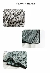 Detail of light green and white silk scarf with geometric B patterns and black edges
