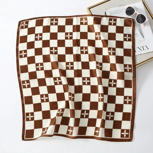 Brown and beige checkerboard velvet scarf with floral patterns for autumn outdoor styling