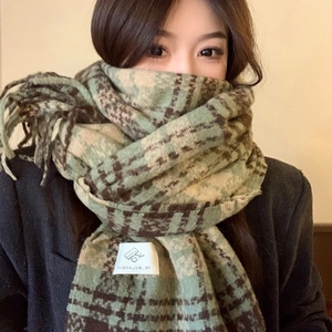 Women Winter Plaid Scarf Thick Warm Cashmere Like Tassel Shawl Wrap Mint Green Black Dusty Rose Blue Checkered Long Scarf