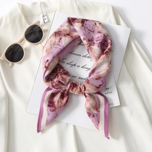 Elegant floral print small square scarf in soft cotton-touch fabric with purple tones