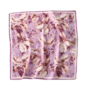 Elegant purple and pink floral leaf pattern square silk scarf on a white background
