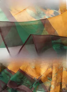 Detail view of semi-transparent floral print summer shawl with fine rolled edges