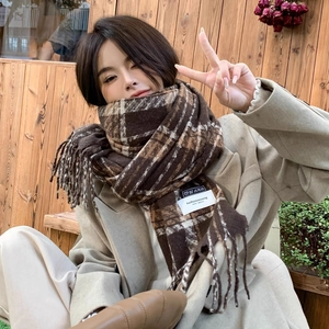 Women's Winter Warm Plaid Scarf Korean Style Thickened Imitation Cashmere Tassels Long Shawl Soft Cozy Scarf