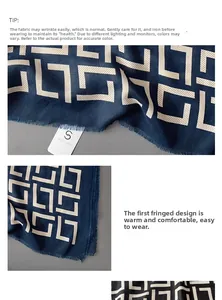 Detailed view of dark blue scarf with beige geometric pattern and frayed edges