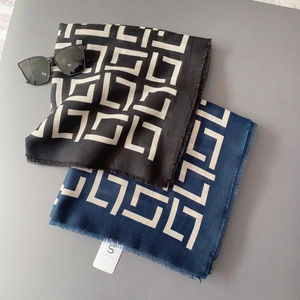 Elegant geometric print square scarf with fringe trim, stylish warm beach shawl for women