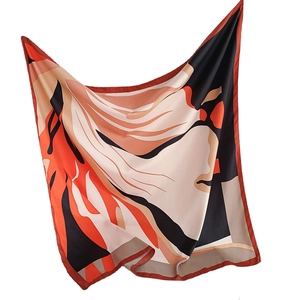 Fashionable twill silk square scarf with abstract orange and black artistic pattern