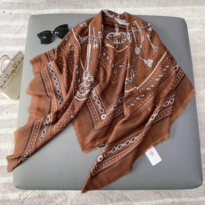 Brown printed silk scarf with vintage key patterns and tassel edges for women