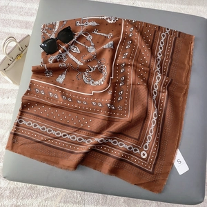 Elegant dark brown floral silk square scarf with fringe, chains and paisley patterns