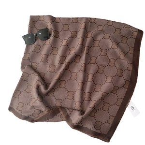 Brown monogram scarf with fringe edges and classic pattern on white background