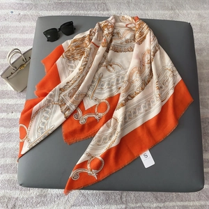 Hermes-style orange horse chain printed large square scarf with soft frayed tassel edges