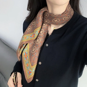 Vintage Herringbone Printed Square Scarf For Women Chic Geometric Pattern Silk Feeling Neck Head Wrap Bandana Accessories