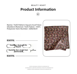 Detail view of 68x68cm floral square scarf with fabric specs and polyester texture