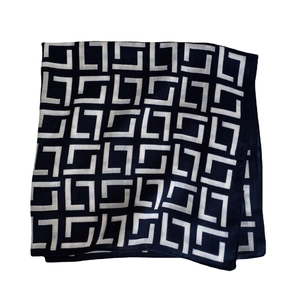 Navy blue cotton linen scarf with geometric square print and silky satin finish texture