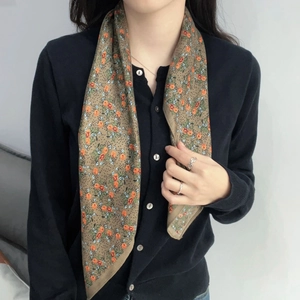 Floral silk feel scarf neckerchief with retro flower pattern on brown base