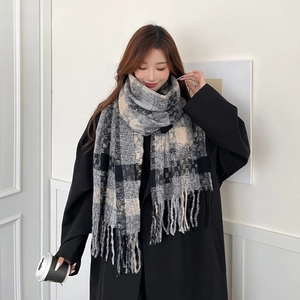Classic blue plaid scarf with long tassels for winter, soft warm oversized wrap for women